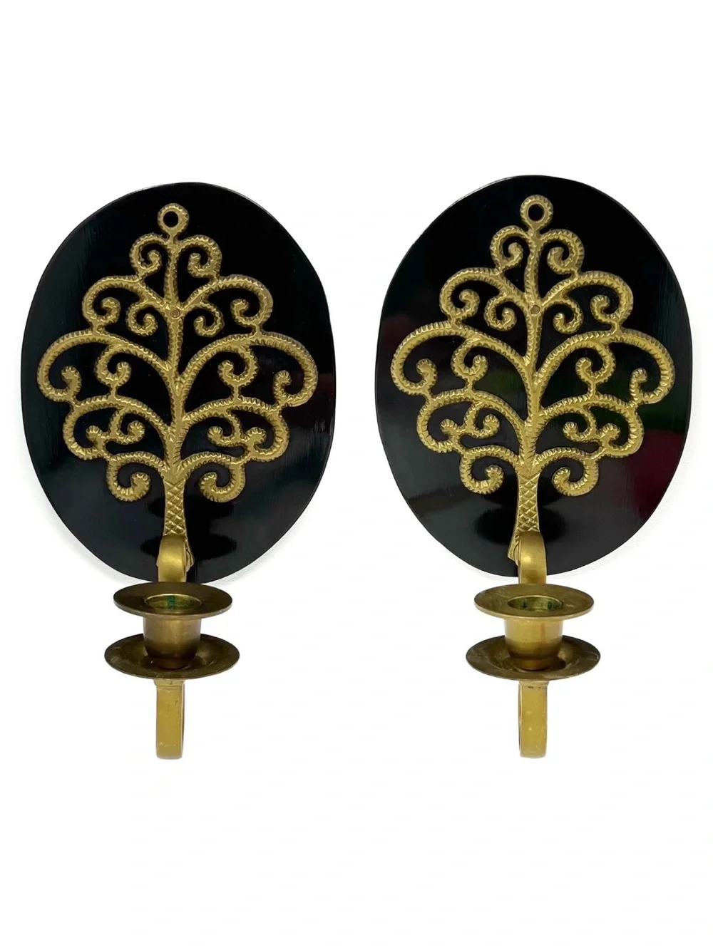 Vintage Tree of Life Wall Sconces Black & Brass Taper Candle Holders Set of 2